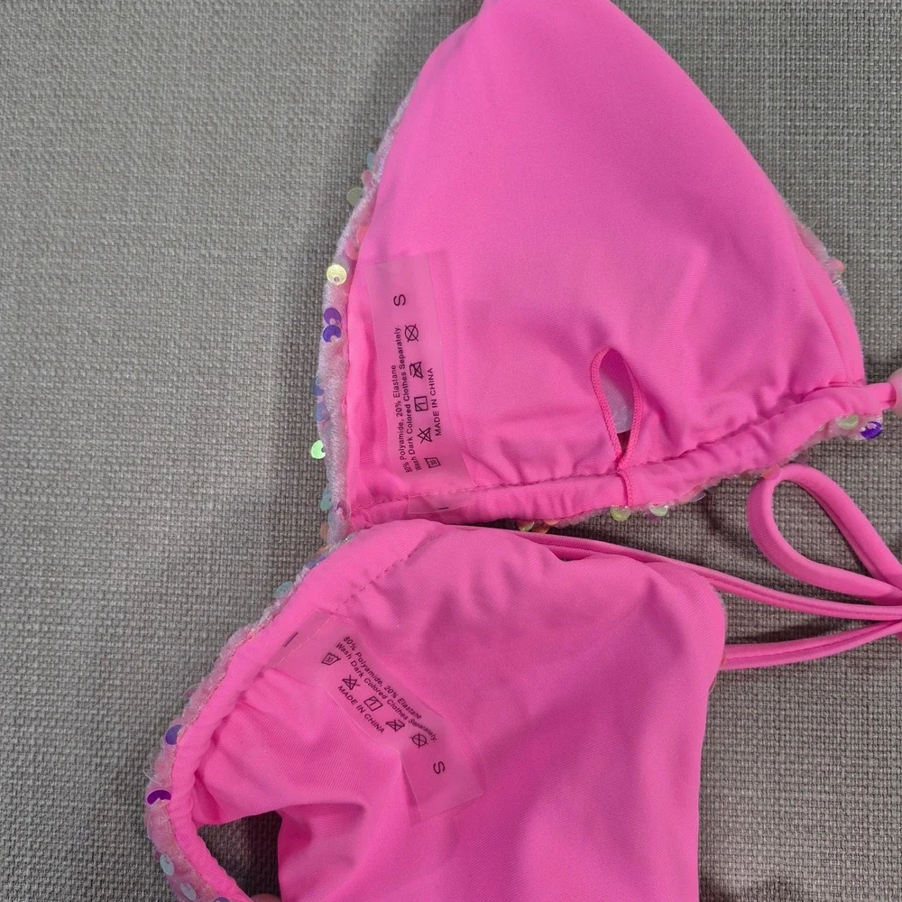 Pink Sequin Pearl Beaded Bikini Set Sexy Two Piece Swimsuit Women Size Small
